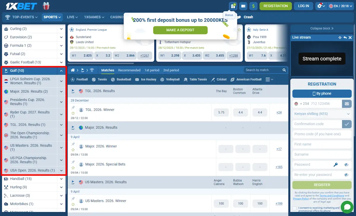 1xBet Golf Betting Screenshot